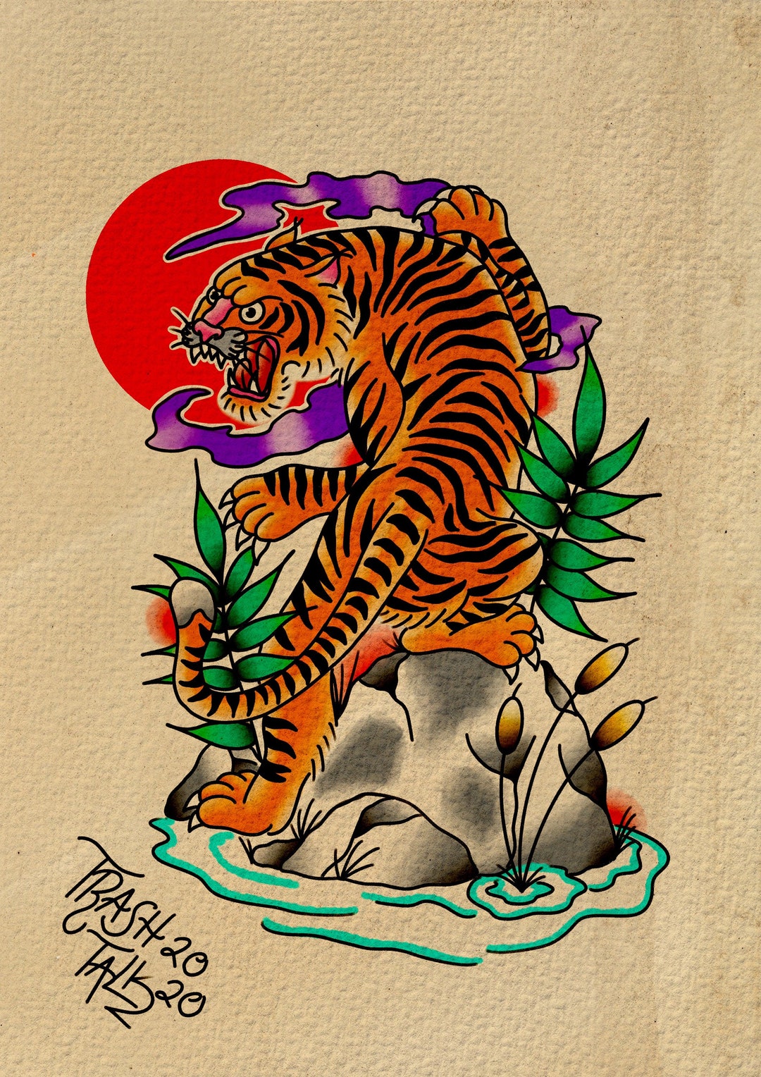 Prowling Tiger Traditional Tattoo Style Print. Etsy