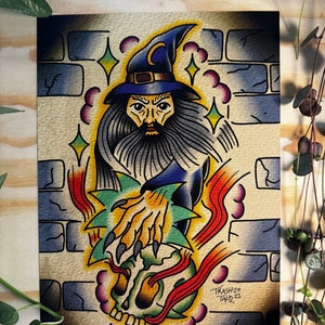 Tattoo Print - Enchanting Traditional Wizard Artwork, Mystical Decor for Home, Unique Gift for Fantasy Lovers