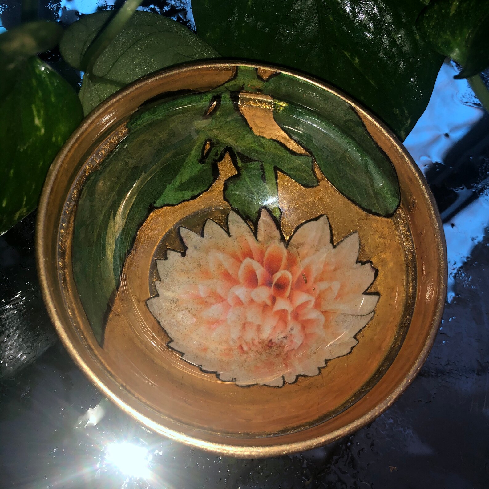 Handmade Gold Leaf Decoupage Glass Bowl Flower I black Etsy