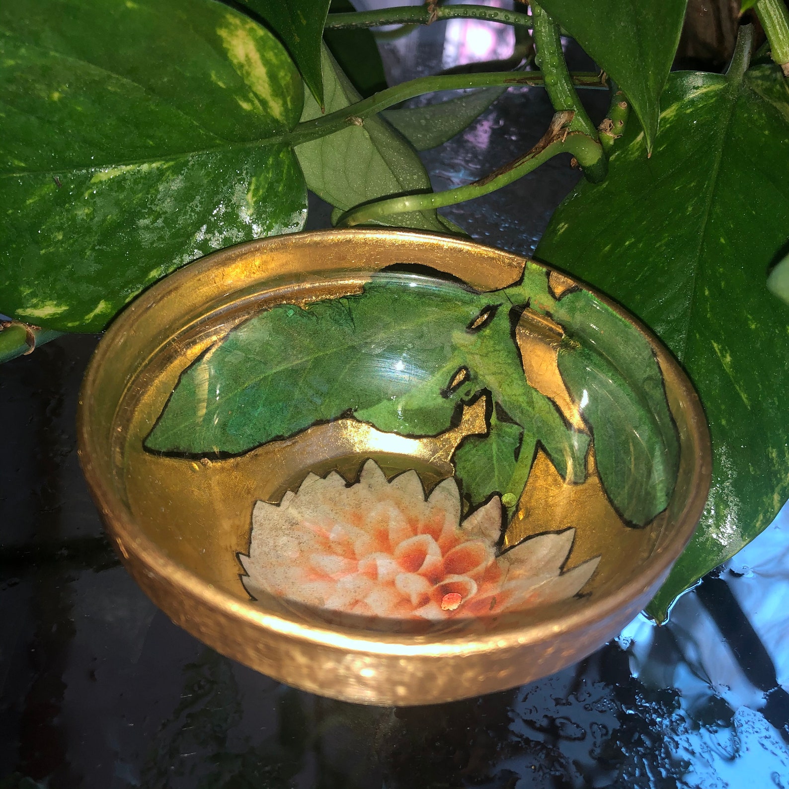 Handmade Gold Leaf Decoupage Glass Bowl Flower I black Etsy
