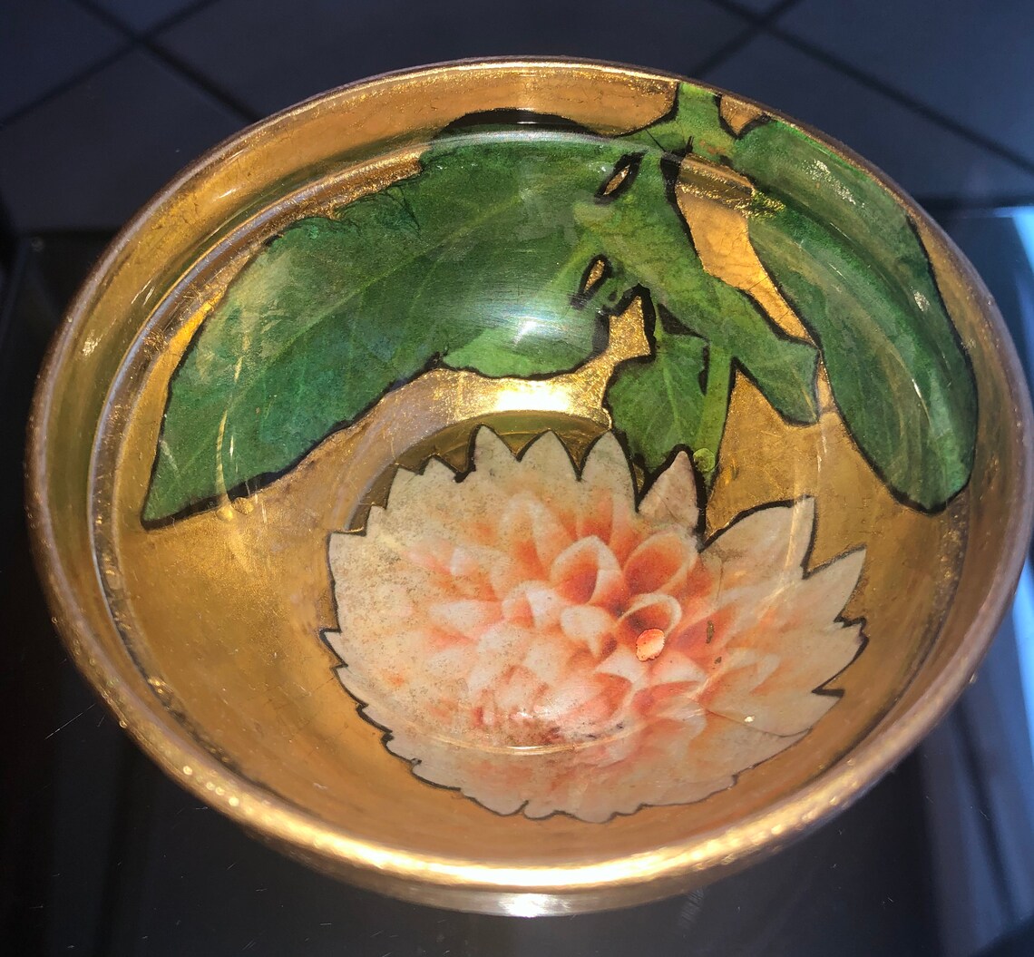 Handmade Gold Leaf Decoupage Glass Bowl Flower I black Etsy