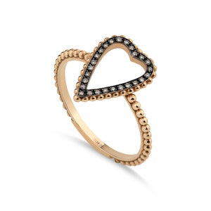 Diamond heart ring in 18k solid gold. Champagne diamond semi-transparent romantic dot ring with heart minimalistic design. Valentines ring.
