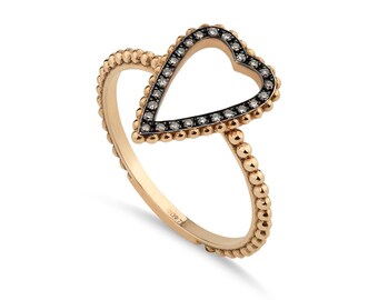 Diamond heart ring in 18k solid gold. Champagne diamond semi-transparent romantic dot ring with heart minimalistic design. Valentines ring.