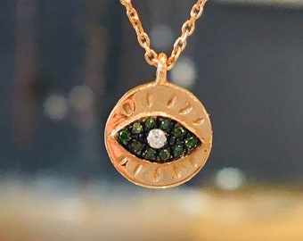 Green & white diamonds Eye pendant tied on a chain, all in 14k rose gold.Jewel gift for vigor and prosperity made in MELIGreece&#39;s workshop.