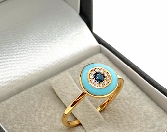 Blue & white diamonds with turquoise enamel 18k solid gold ring. MELIGreece&#39;s inspiration from the Mediterranean sea - Summer Birthday gift.