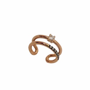 Two lines 18k rose gold cuff earring with a brilliant cut diamond and seven brown diamonds. Summer birthday gift made in Athens, Greece.