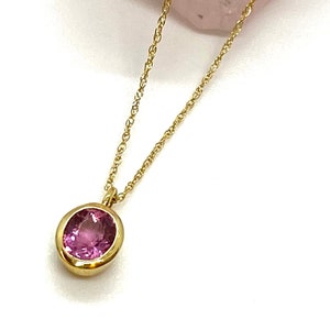 Tourmaline 18k solid gold chain necklace. October's birthstone minimal pink gemstone pendant with chain, customised jewel made in Greece.