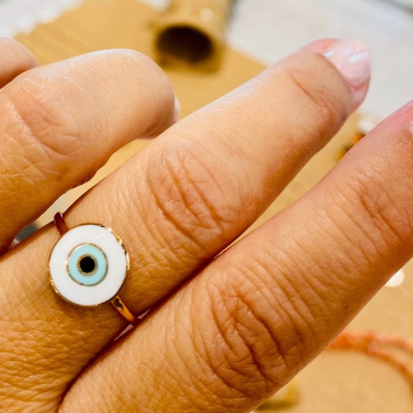 14k solid gold ring with a round-shaped enamel eye design. Chevalier and not only gold band made in MELIGreece workshop in Athens, Greece.