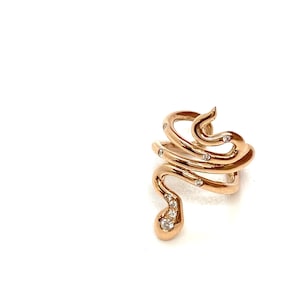 18k rose gold wrap cuff single snake earring with natural white diamonds. MELIGreece's spring birthday gift for regeneration & rebirth.