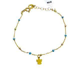 Guardian Angel charm, light blue enamel & golden balls on a 18k yellow gold chain bracelet MELIGreece&#39;s summer birthday gift for protection.