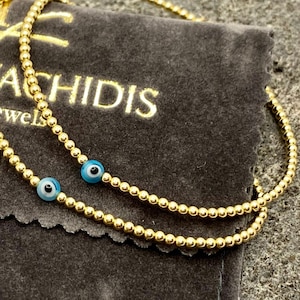 14k yellow gold beaded bracelet with one eye bead. Customised jewellery for protection - Greek summer birthday present made in Athens.