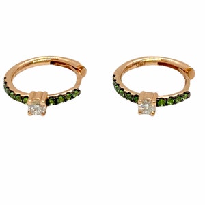 Tsavorites with diamonds 18k gold tiny hoops. Intense green garnet & white diamonds discreet hoop earrings made in Athens, Greece.