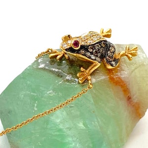 May include: A gold chain necklace with a diamond and ruby frog pendant. The pendant is sitting on a green and brown rock.
