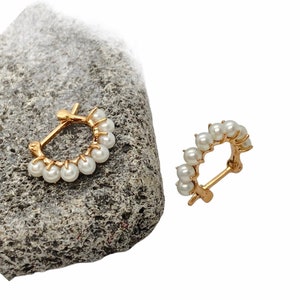 White pearl 18k rose gold hoop earrings. June's birthstone gift, discreet bridal earrings made in MELIGreece's workshop in Athens, Greece.