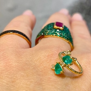 Wrap cuff single earring in 18k solid gold with emeralds & diamonds. MELIGreece's hand made unique design jewelry - Birthday gift for her.