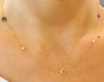 14k yellow gold chain necklace with freshwater white pearls and tattoo pendants. Girlfriend&#39;s fine golden jewelry birthday surprise.