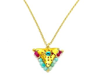Greek folk silver gold plated triangular pendant with an eye & colored gemstones tied on a silver chain. &quot;Filakto&quot; Greek tradition necklace.