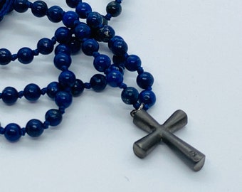 Lapis lazuli rosary with silver cross pendant. Men's long necklace with mineral stones in celestial blue color. Boyfriend’s birthday gift.