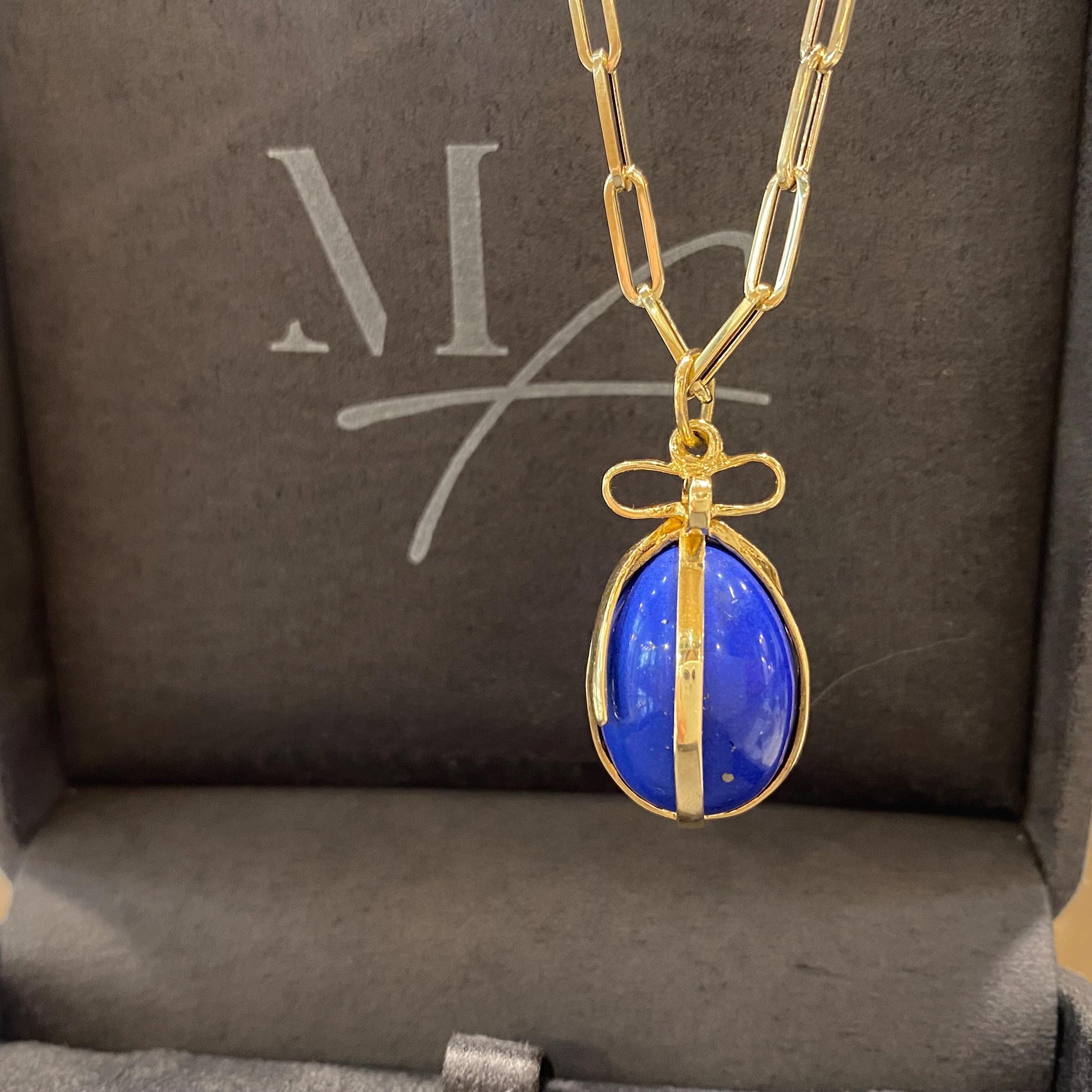 Lapis Lazuli Egg Pendant Wrapped by 14k Yellow Gold. Spring
