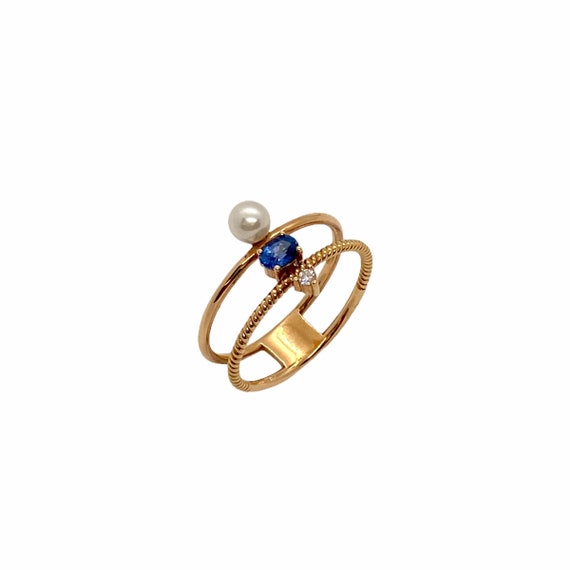 Bague Or 18 Carats Avec Perles Et Saphirs - Poids 1,36 G, Style Solitaire, Occasion