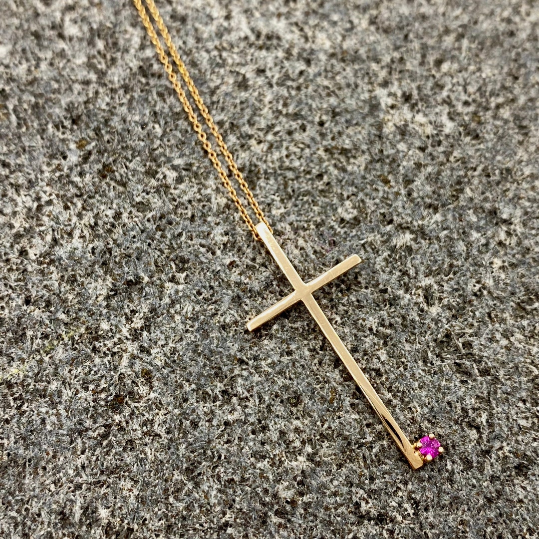 Elegant Long Cross Pendant in 14 Karats of Rose Gold With One Natural