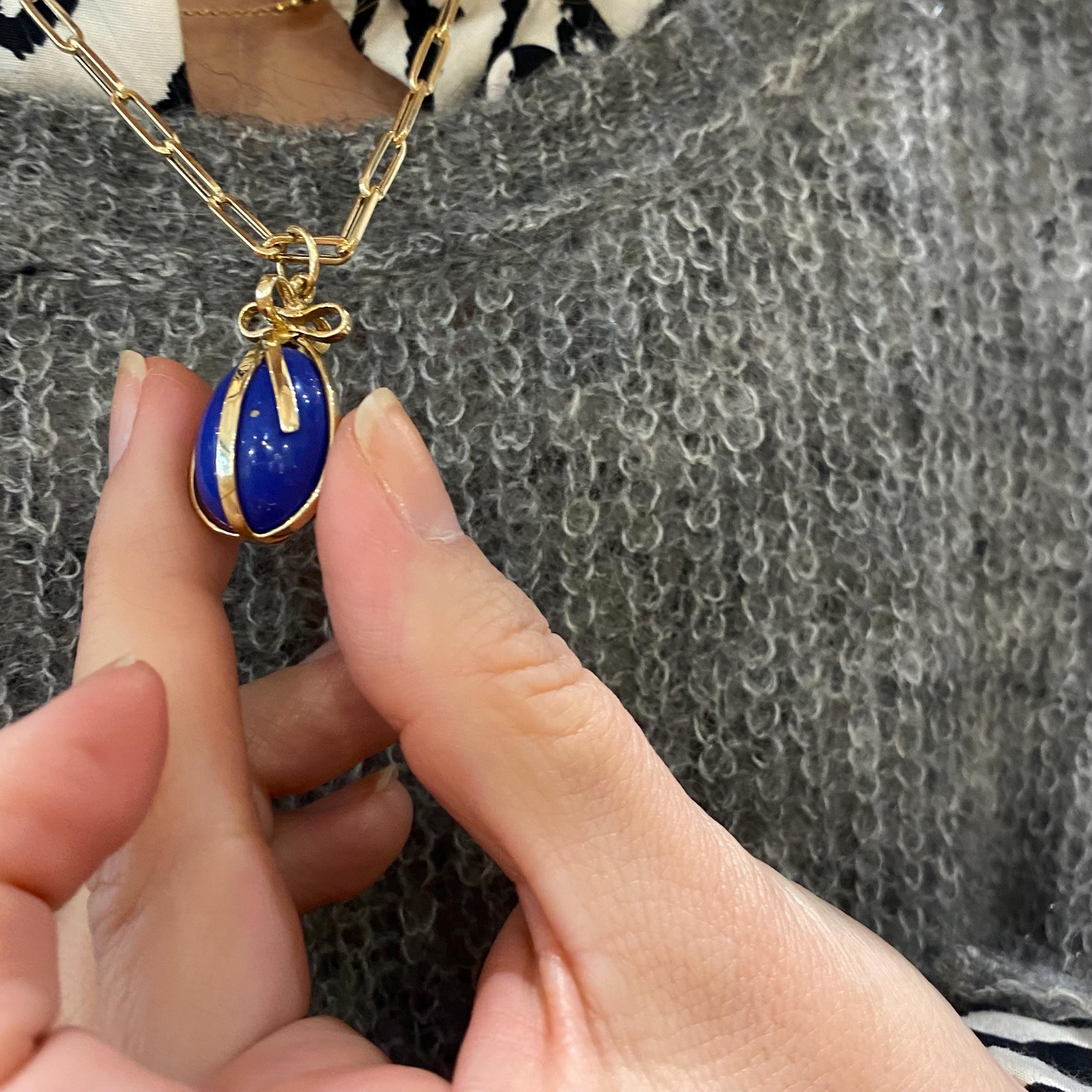 Lapis Lazuli Egg Pendant Wrapped by 14k Yellow Gold. Spring