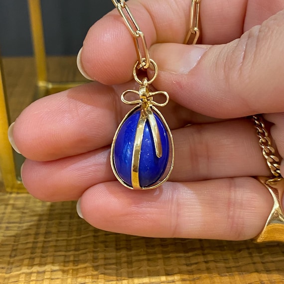 Lapis Lazuli Egg Pendant Wrapped by 14k Yellow Gold. Spring
