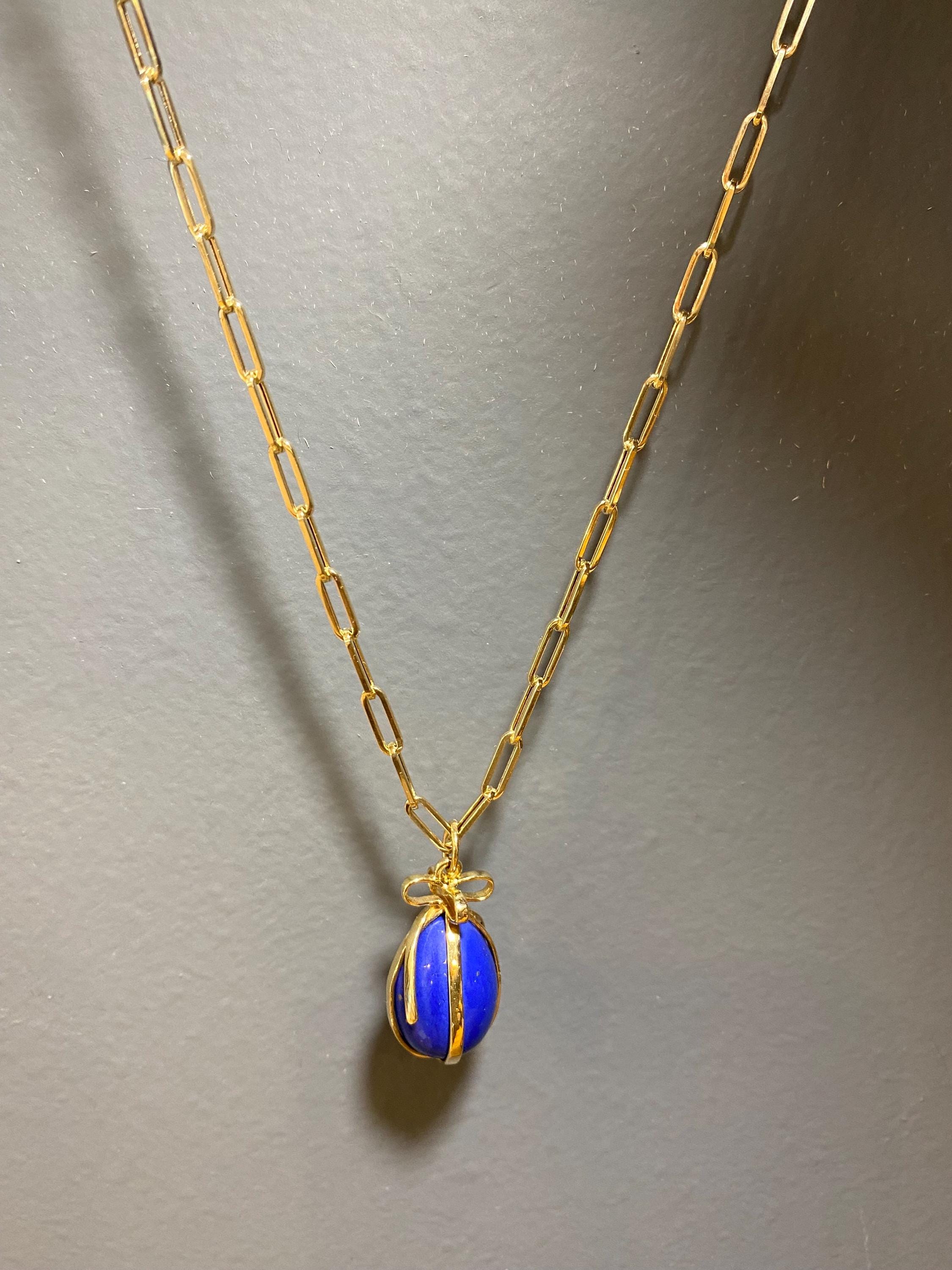 Lapis Lazuli Egg Pendant Wrapped by 14k Yellow Gold. Spring