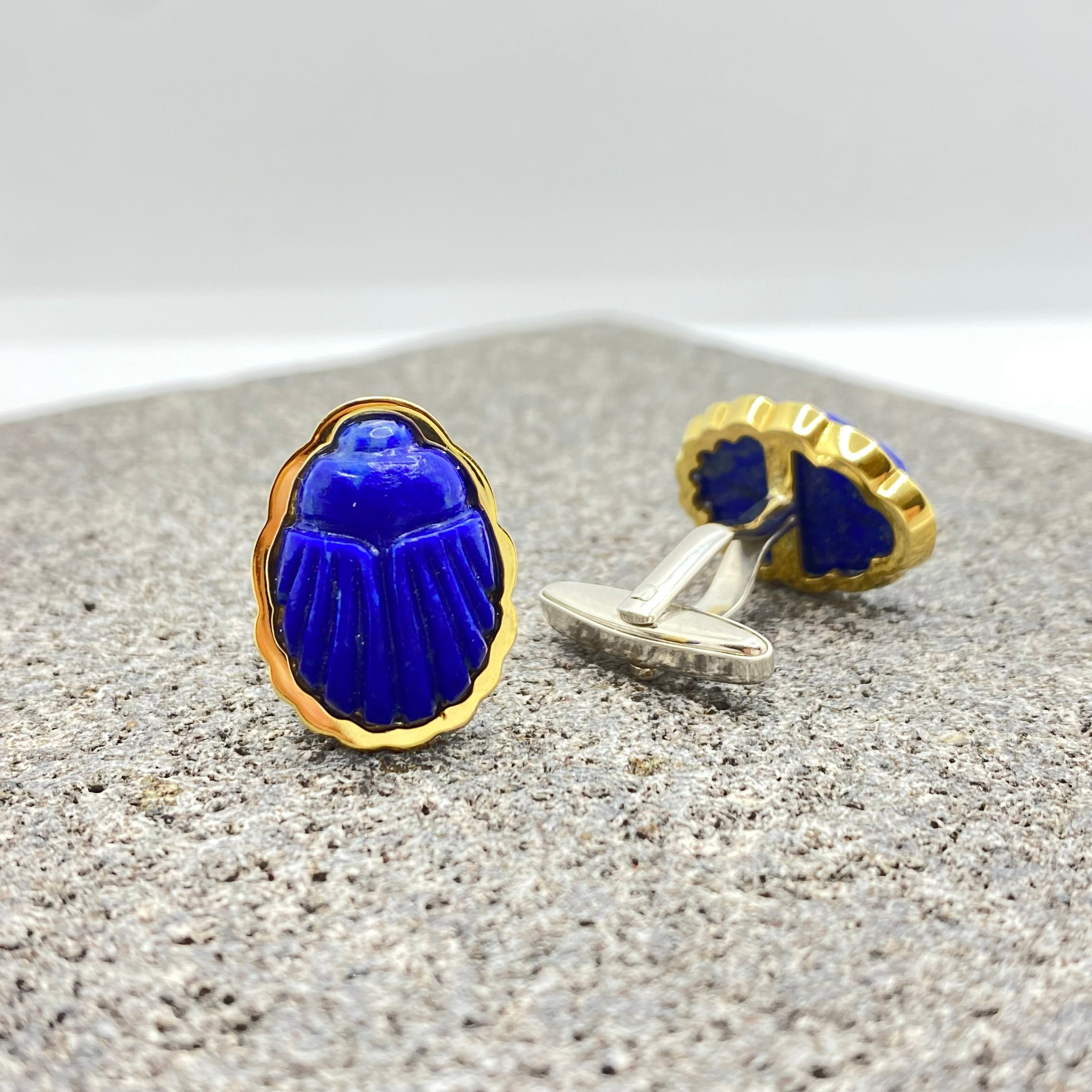 Lapis Lazuli Carved Scarab Hand Made Unisex Cufflinks in 14k