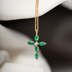 18k yellow gold chic cross with fine emeralds & one diamond on a 18k yellow gold chain. Girl&#39;s baptism necklace - Religious birthday gift.