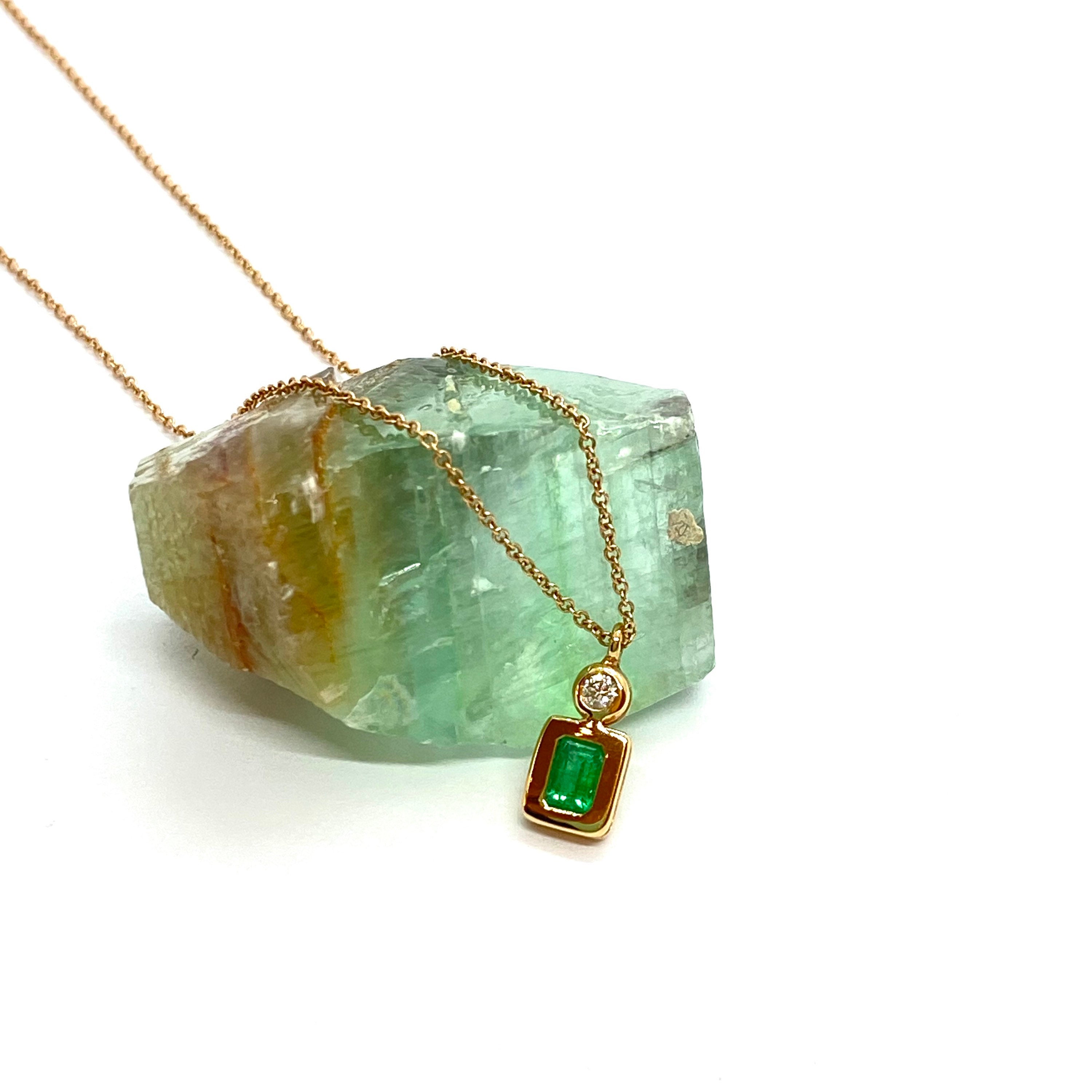 Emerald With Diamond 18k Rose Gold Geometric Pendant on a