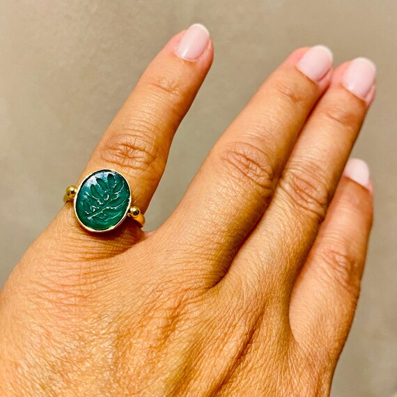 Unisex ring carved green malachite with an olive branch Malachite 14k yellow gold signet ring Anniversary fine gift. symbol of peace