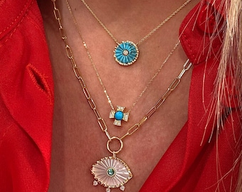 Pendentif En Or Jaune 18 Carats (750) Avec Turquoises - Occasion - Magnifique Bijou