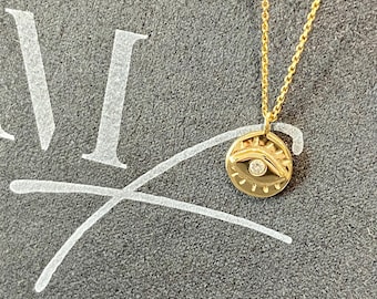 14k yellow gold Eye pendant with a diamond tied on a 14k yellow gold chain. Graduation gift, Birthday chain necklace a gift for protection.
