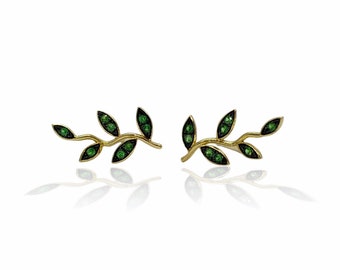 Green leaves tsavorites 18k rose gold earrings. Statement long studs with branch design, springtime jewel gift made in MELIGreece workshop.
