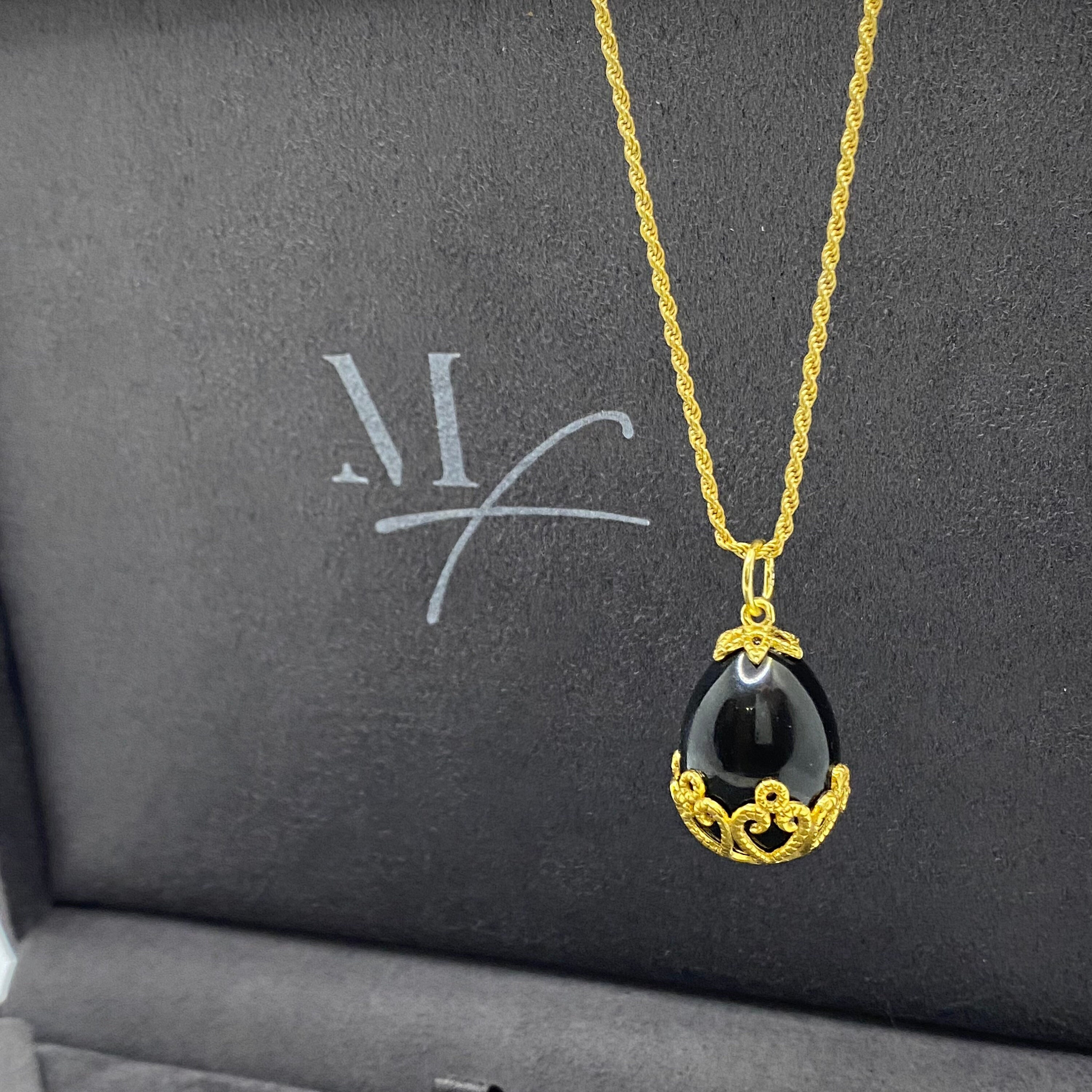 Black Onyx Egg Pendant With Silver 925o Surrounding, Gold Plated