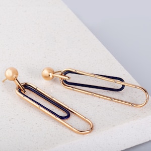 18k rose gold paper clip design earrings with diamonds, cobalt blue enameled. MELIGreece&#39;s statement earrings - Anniversary jewellery gift.