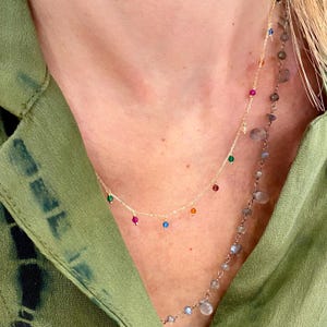 Multicoloured natural topaz 18k yellow gold chain necklace. November&#39;s birthstone jewelry present - Valentines colorful solid gold necklace.