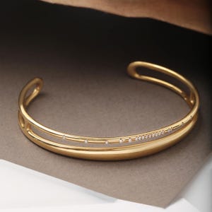 Double 18k yellow gold diamond cuff bracelet. Timeless minimal gold white diamond jewelry made in MELIGreece&#39;s workshop - Christmas present.