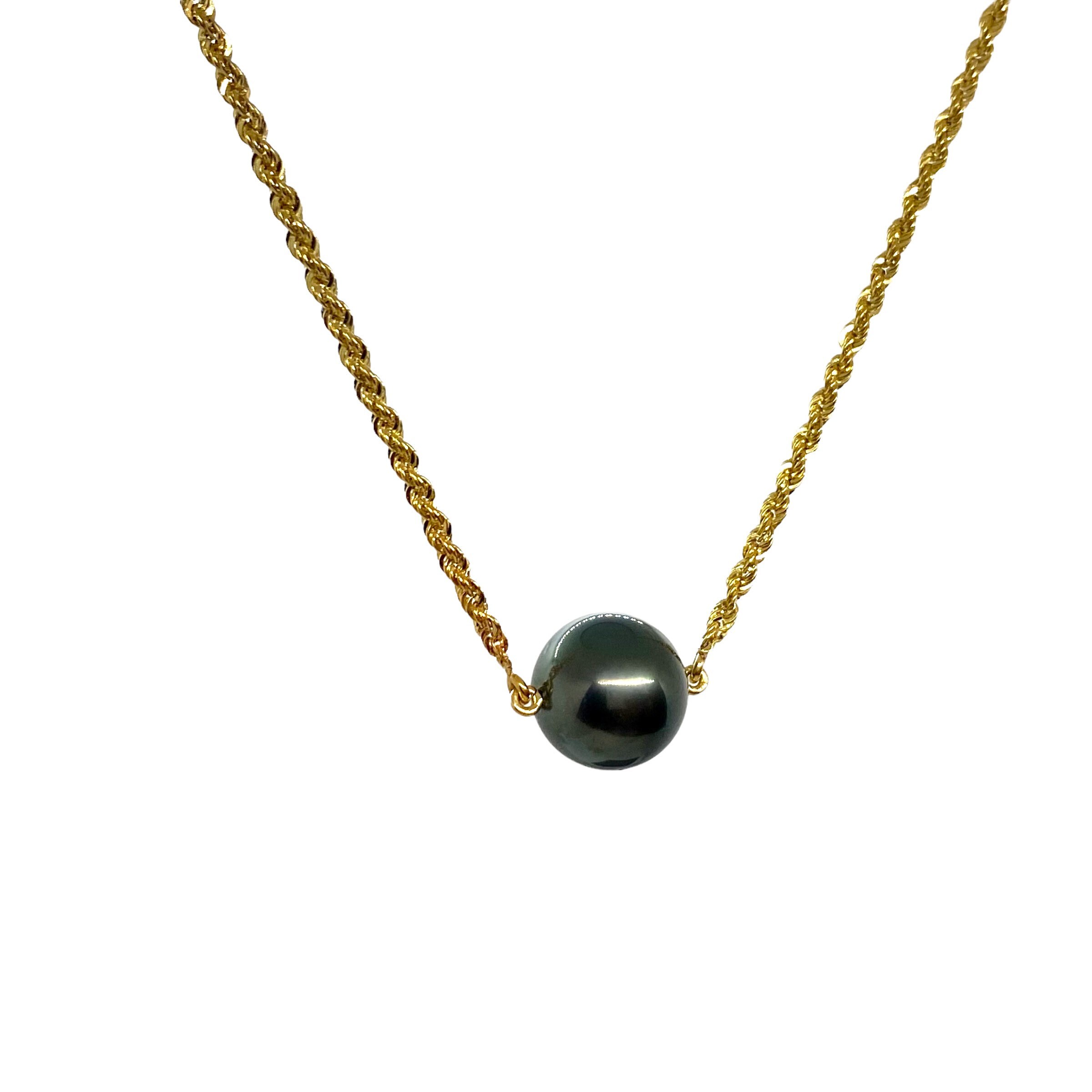 14k gold Tahitian pearl chain necklace, saltwater pearl with extraodinary gray metallic natural shades. Retirement gift, Graduation jewel.