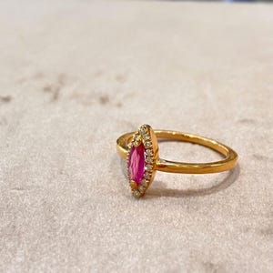 Marquise ruby & diamonds 18k rose gold ring. July's birthstone Rosetta ring, summer engagement jewellery made in Athens, Greece.