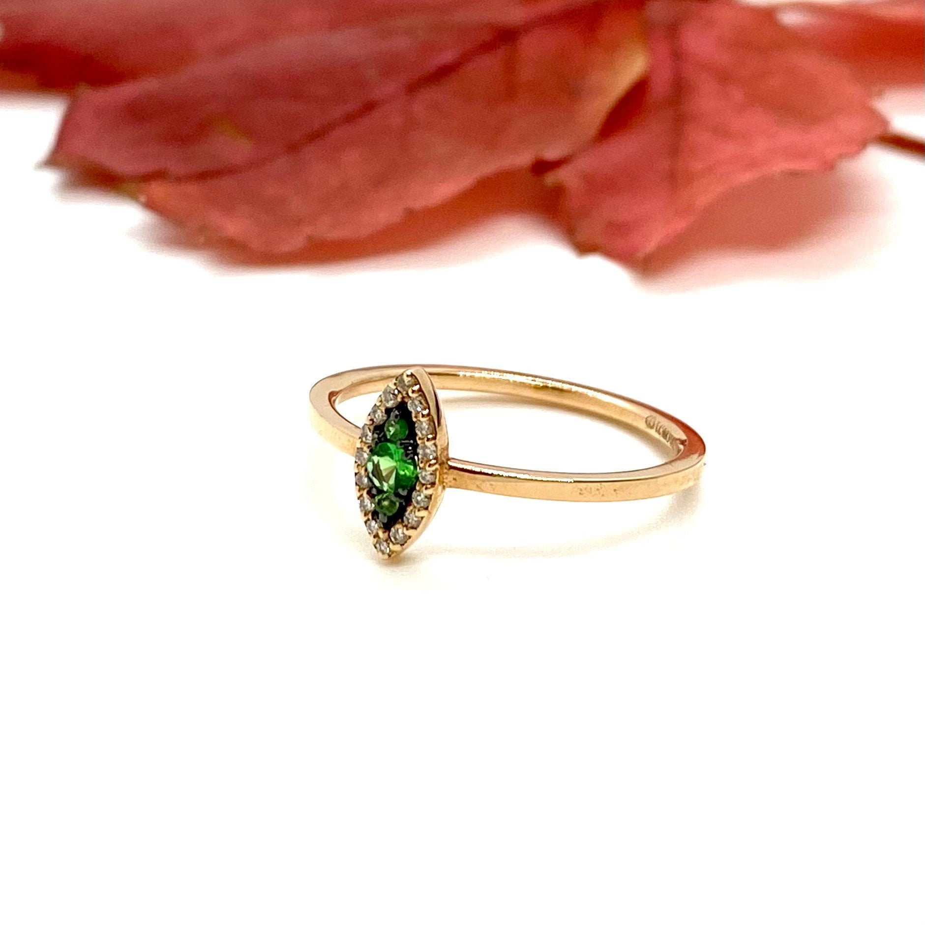 Tsavorite diamond ring in 18k solid gold. Fine gold jewelry by MELIGreece with glaring mineral gemstones. Engagement ring, anniversary gift.