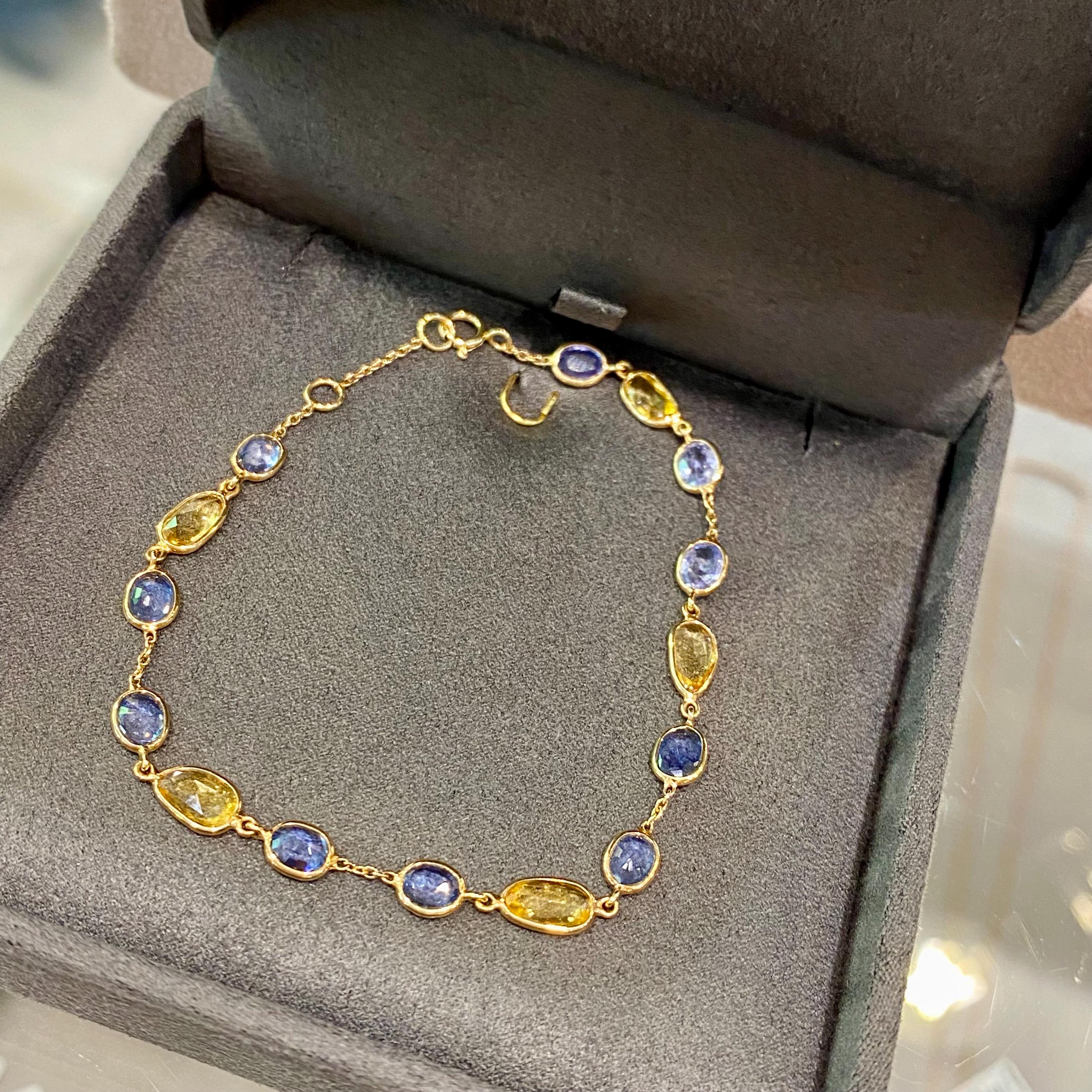 Multi coloured natural sapphire 14k yellow gold chain bracelet. Spring birthday jewellery present for her made in Athens, Greece.