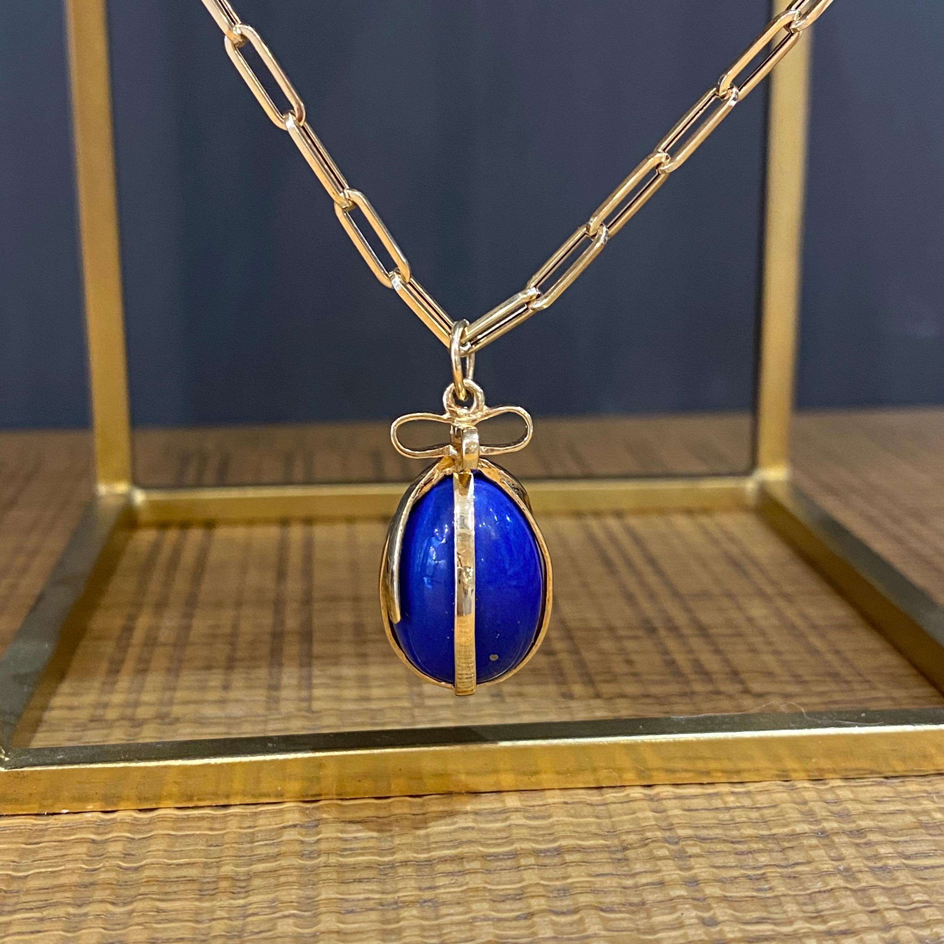 Lapis Lazuli Egg Pendant Wrapped by 14k Yellow Gold. Spring