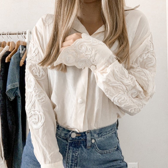 Vintage 70s Silk Embroidered Ivory Blouse