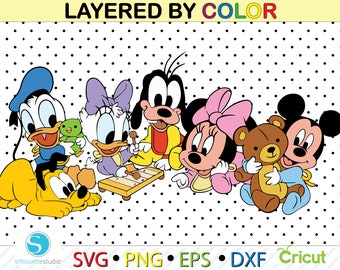 Baby Mickey und Freunde SVG, Baby Minnie Clipart, Baby Gänseblümchen Schneidedatei für Cricut, Datei mit Ebenen, Dxf Datei, sofortiger Download