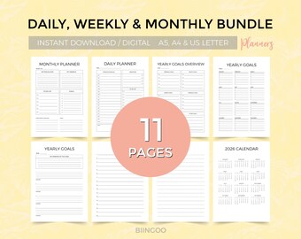 Druckbares Planer-Bundle | Täglich, Wöchentlich, Monatlich | A4, A5, US Letter (PDF Download)
