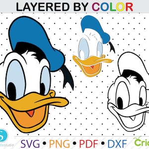 Puede incluir: Gráfico digital con tres ilustraciones de la cabeza de Pato Donald: a color, a color y en blanco y negro. La imagen principal muestra un sombrero azul, una cara blanca y un pico amarillo. El texto en la parte superior dice "LAYERED BY COLOR".