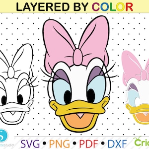 Puede incluir: Ilustraciones de la cara de Daisy Duck en tres estilos: contorno negro, color completo y contorno con relleno de color. Cada una presenta un lazo rosa, pestañas y un pico amarillo. El texto "LAYERED BY COLOR" está en la parte superior, con iconos de tipo de archivo debajo.