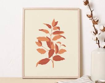 Terracotta Earthy Plant Art Print, Line Art Vine Leaf Wall Decor, Line Drawing Botanical Plant Art, Terra Beach Decor Art, DIGITAL DOWNLOAD